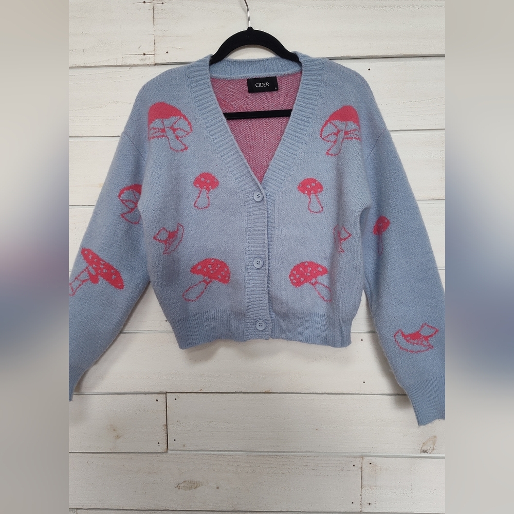 Cider Light Blue Cardigan with Pink Mushroom Motif